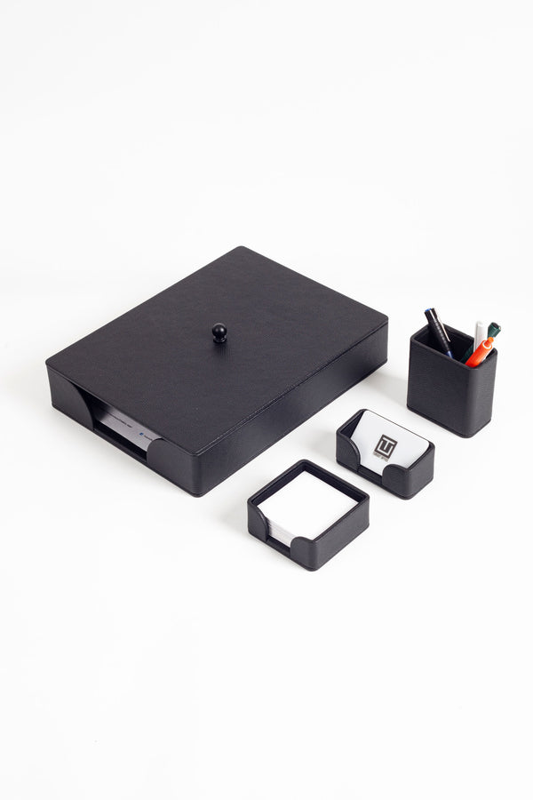 Roma Leather Desktop Set 4 Pieces Black Covered Document Rack